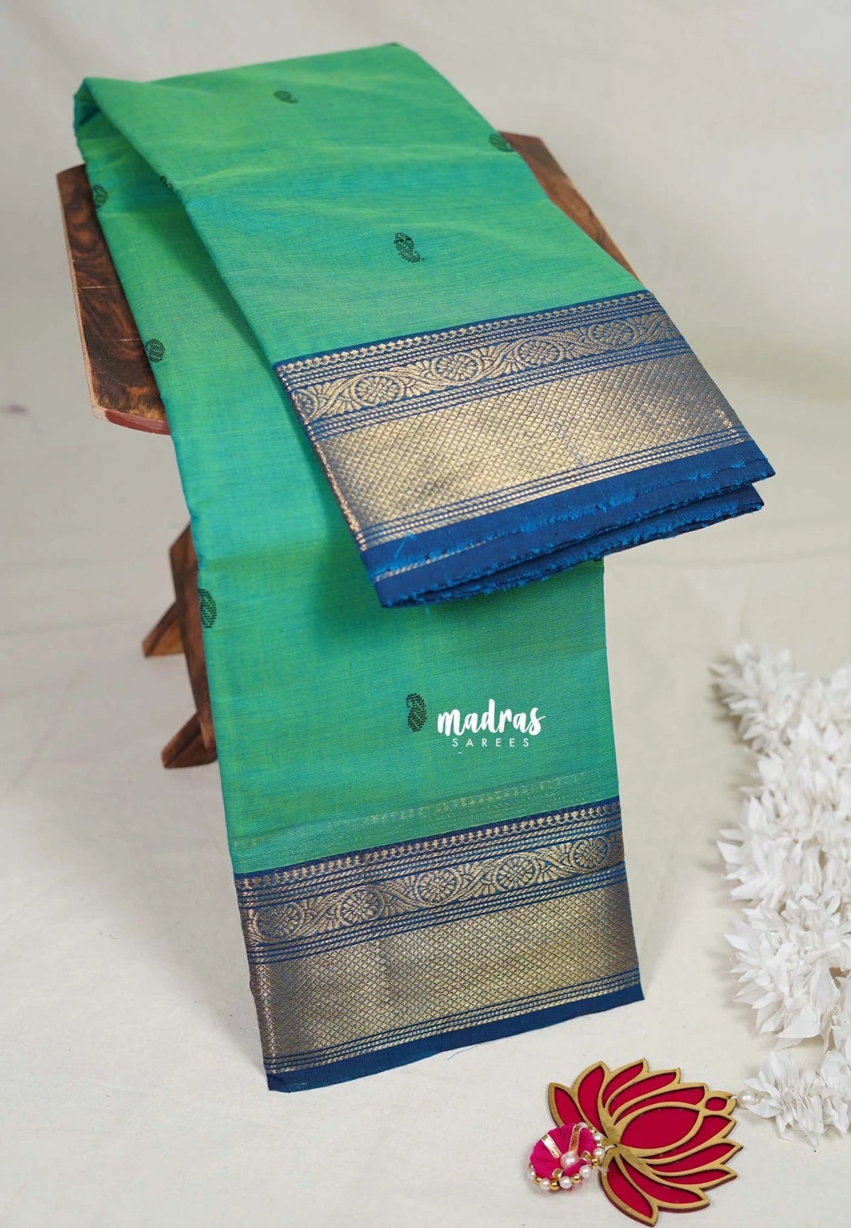 Aqua Green&Mango Buttas - Karthigai Mercerised Cotton Bavanji Flower Border with Buttas - Best for Pooja Funtions | Temple Visit