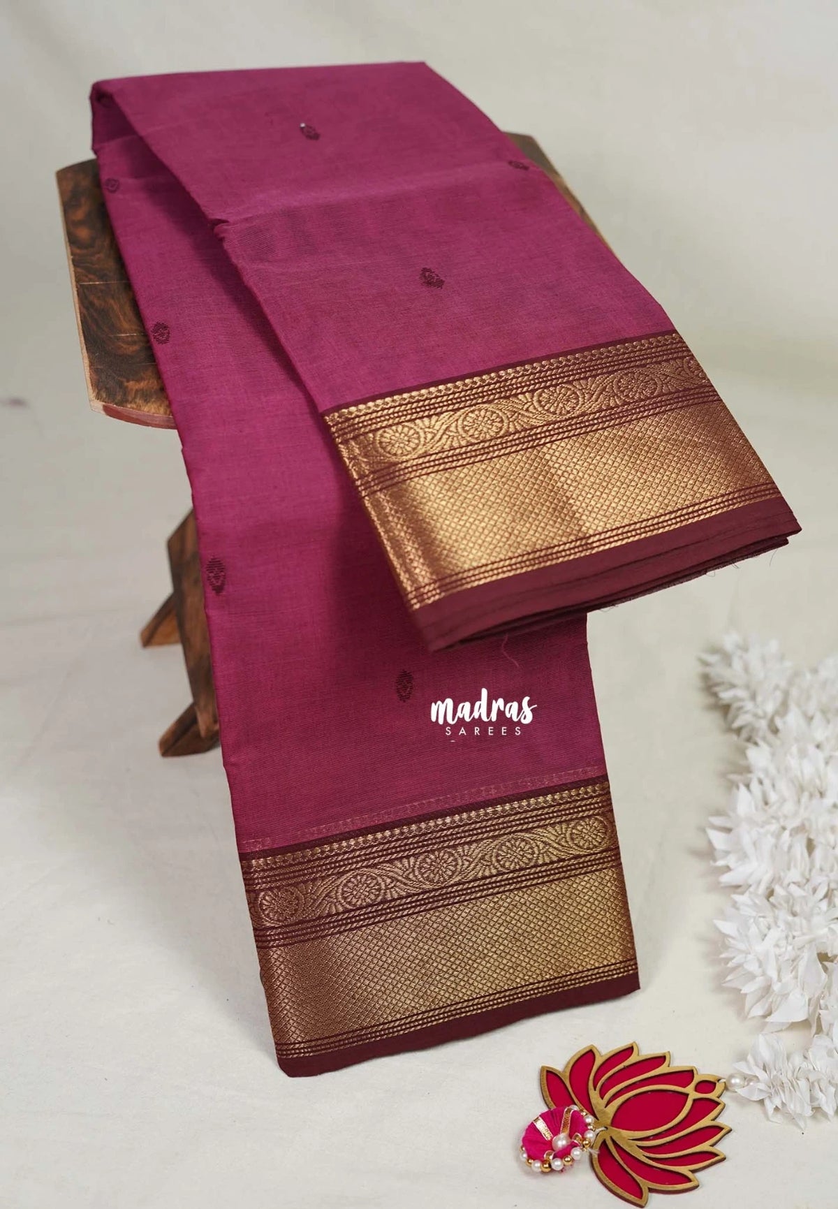 Beet Pink - Karthigai Mercerised Cotton Bavanji Flower Border with Buttas - Best for Pooja Funtions | Temple Visit