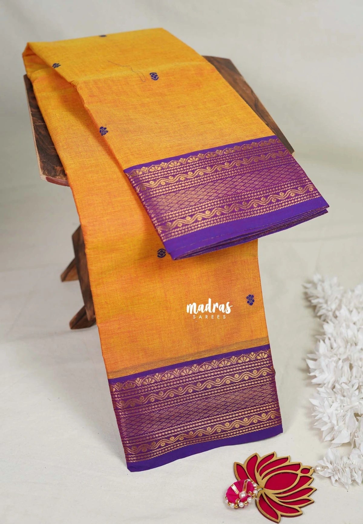 Orangish Yellow - Karthigai Mercerised cotton small neli Border with Buttas - Best for Gifting