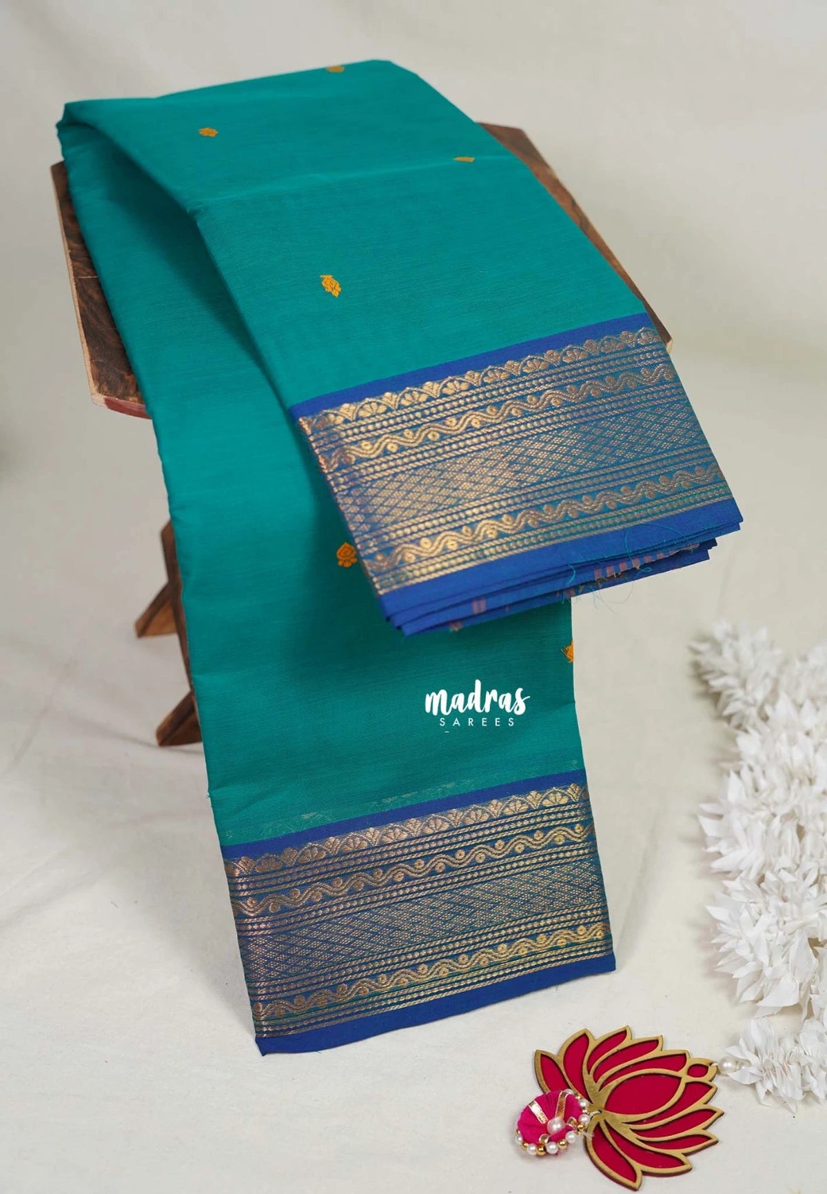 Teal Glow - Karthigai Mercerised cotton small neli Border with Buttas - Best for Gifting