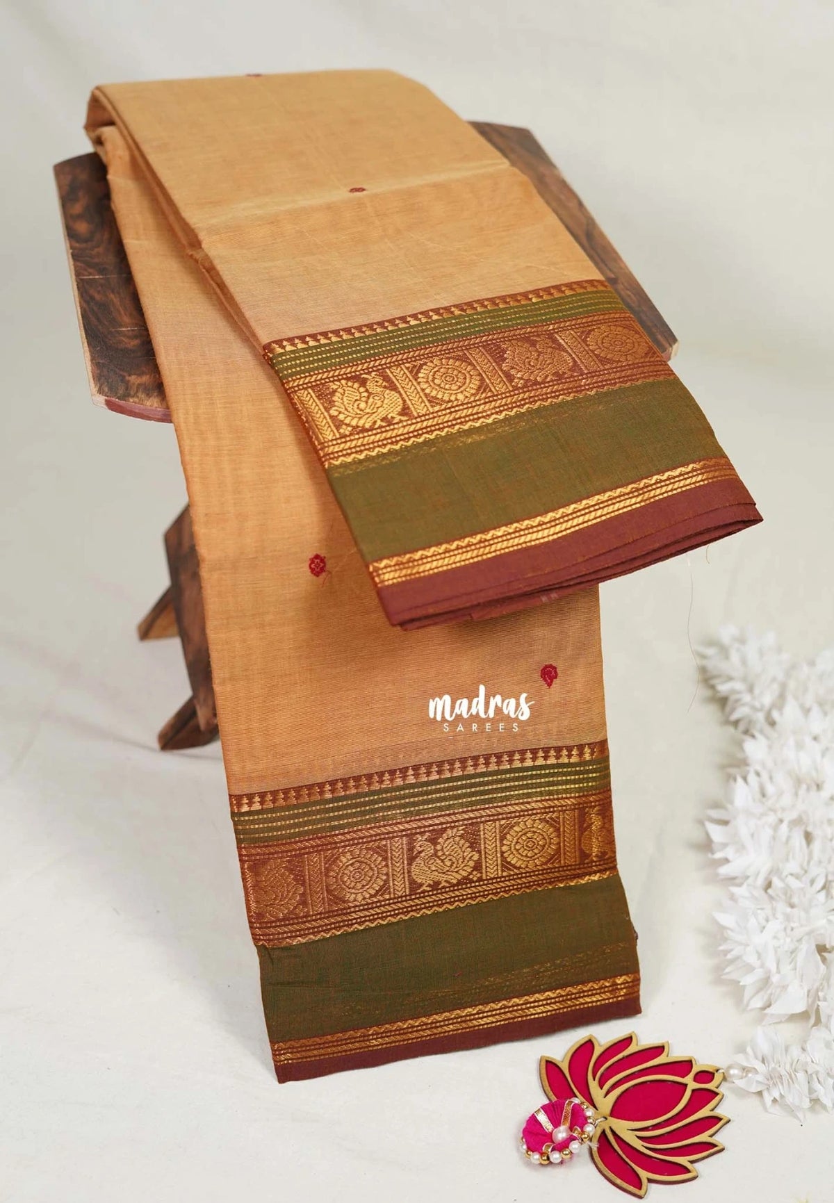 Sand Brown - Karthigai Mercerised cotton Multiline with Mayil Border and Buttas - Best for Pooja Functions
