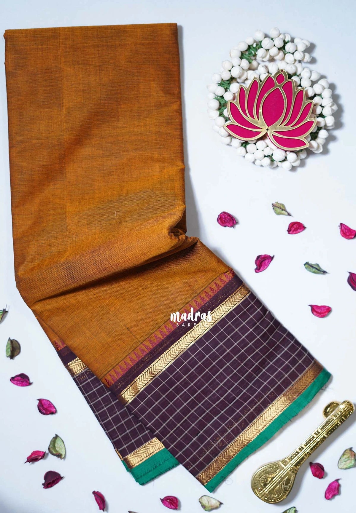 Mustard Brown - Karthigai Mercerised Cotton Plain with Checks in Border - Best for Small Functions
