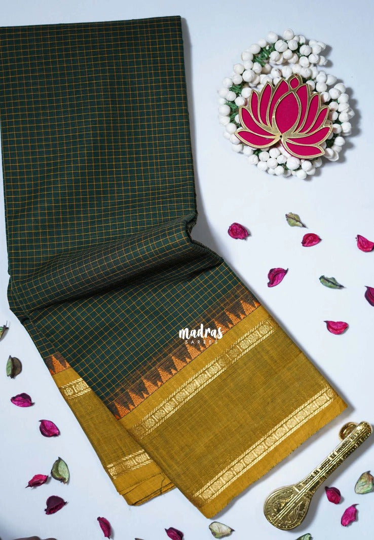 Forest Green - Karthigai Mercerised Cotton Muthukattam with Rettapet Rudraksham Border - Best for Small Functions