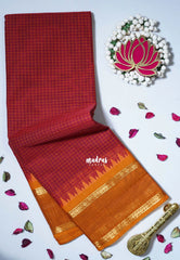 Dark Red - Karthigai Mercerised Cotton Muthukattam with Rettapet Rudraksham Border - Best for Small Functions