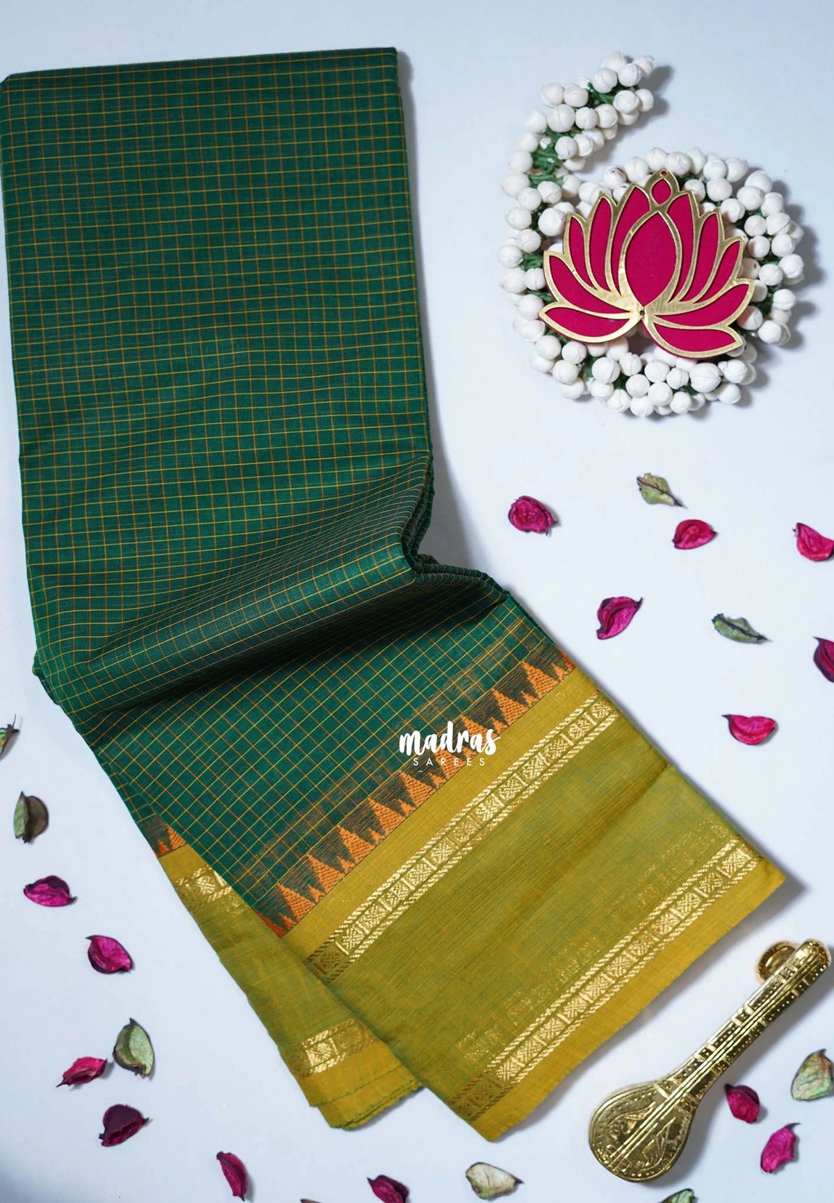 Emerald Green - Karthigai Mercerised Cotton Muthukattam with Rettapet Rudraksham Border - Best for Small Functions