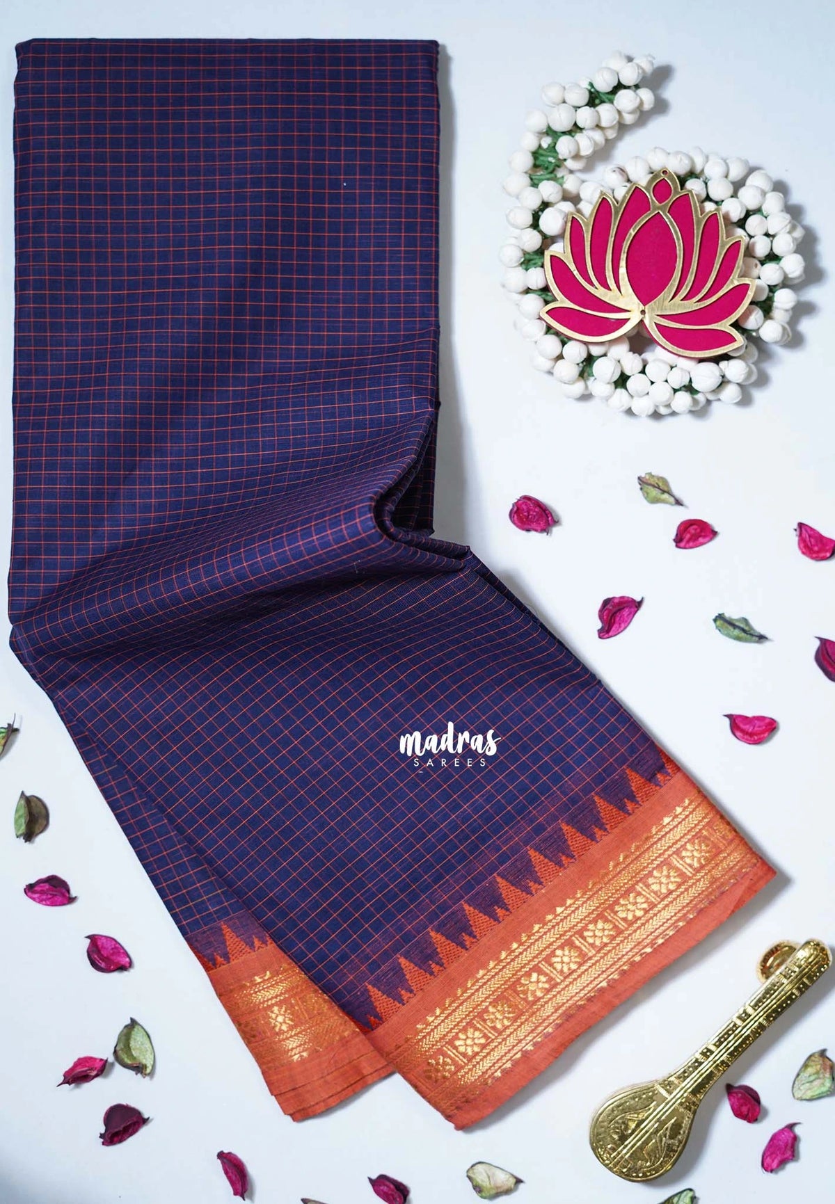 Midnight Blue - Karthigai Mercerised Cotton Muthukattam with Rudraksham Border - Best for Small Functions