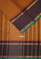 Mustard Brown - Karthigai Mercerised Cotton Plain with Checks in Border - Best for Small Functions