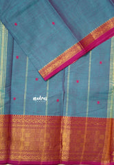 Greyish Blue  - Karthigai silk cotton Multi Checks Border with buttas