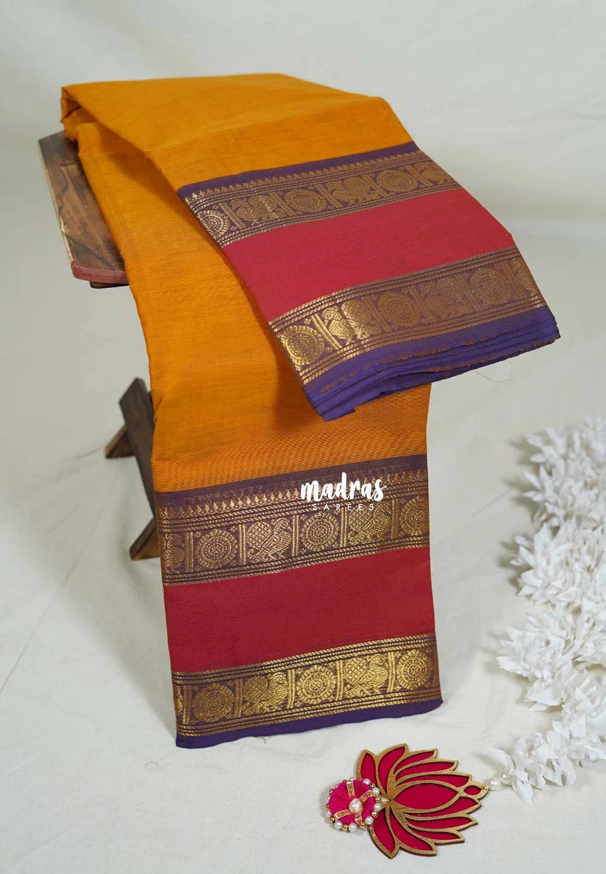Orangish Yellow - Karthigai Mercerised Cotton Plain with Rettapet Mayil Border - Best for Temple Visit | Pooja Functions
