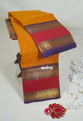 Orangish Yellow - Karthigai Mercerised Cotton Plain with Rettapet Mayil Border - Best for Temple Visit | Pooja Functions