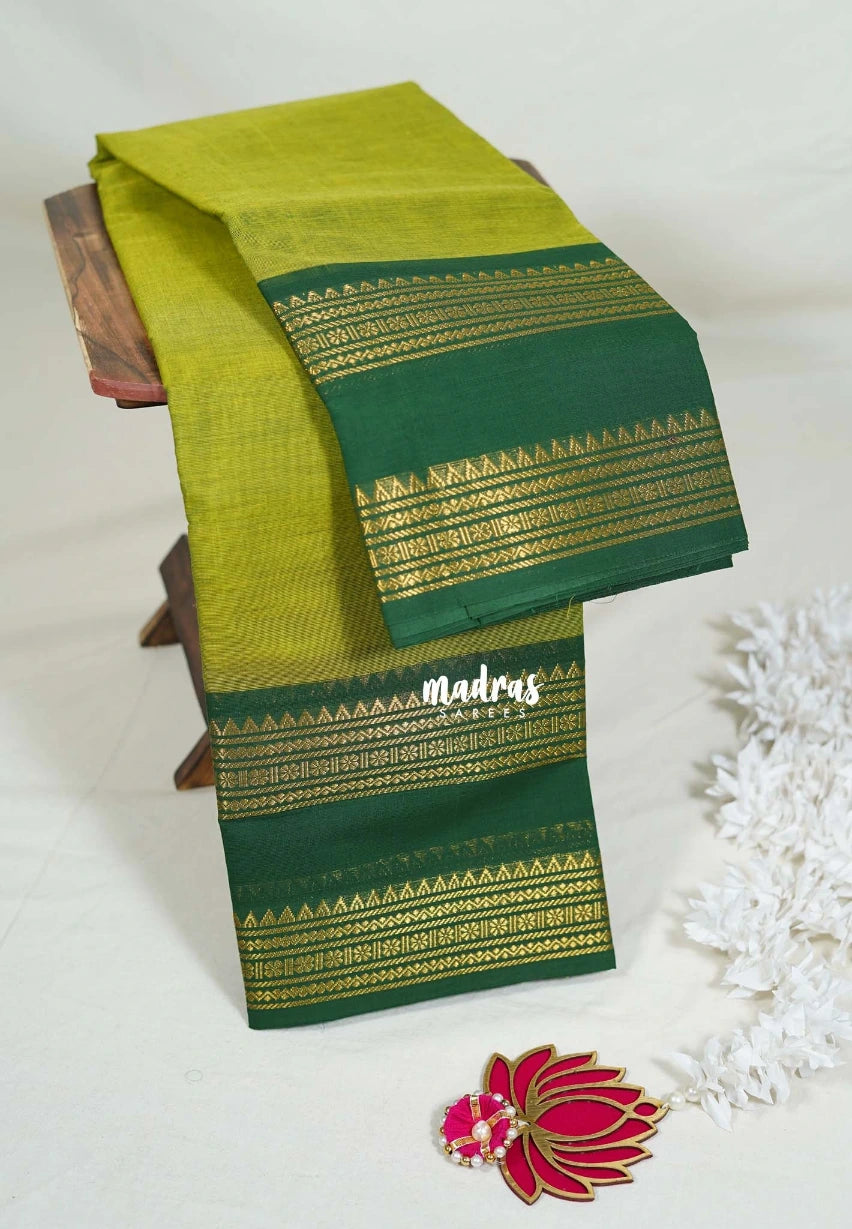 Fresh Leaf Green - Karthigai Mercerised Cotton Plain with Rettapet Border - Best for Temple Visit | Pooja Functions