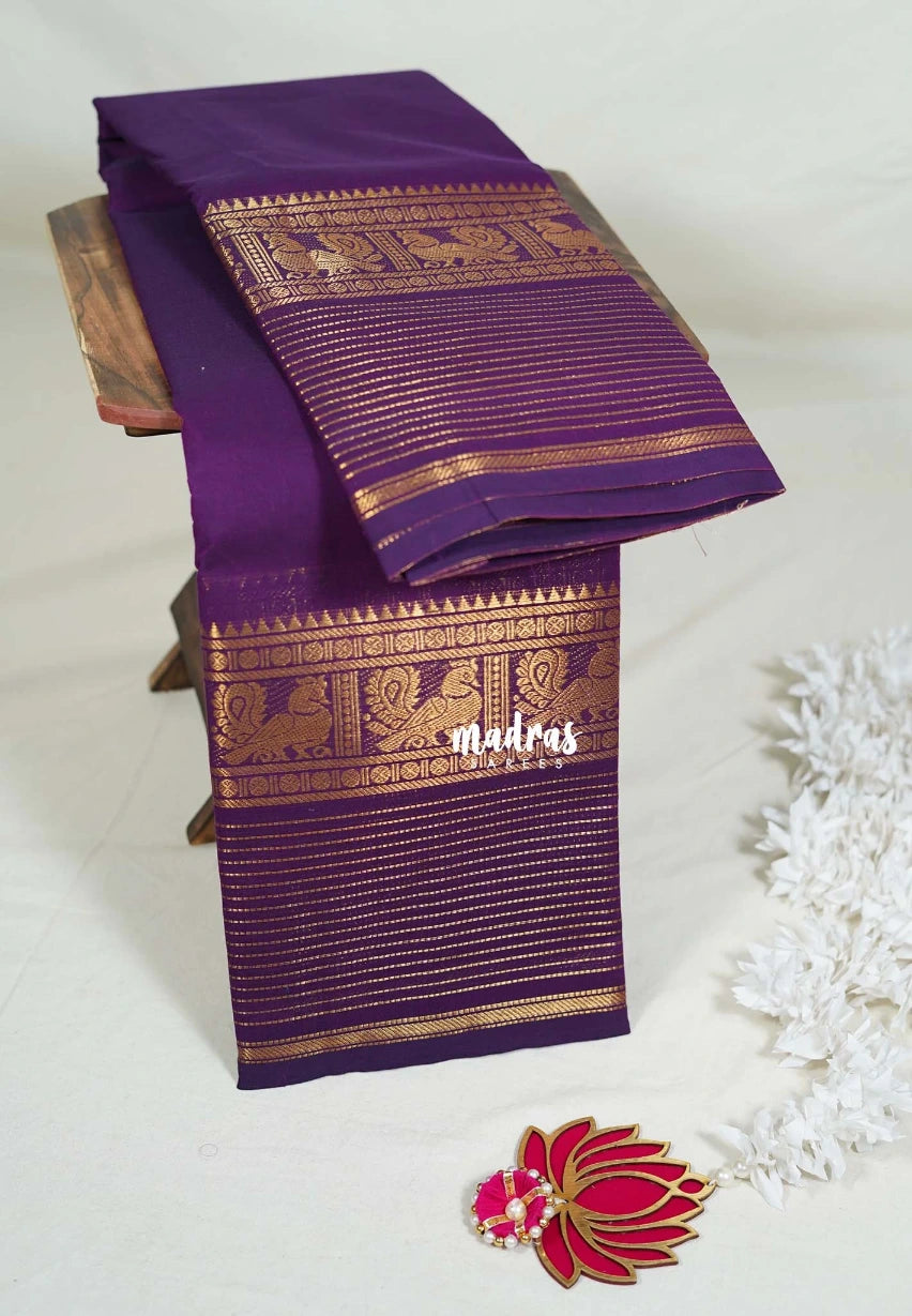Royal Purple - Karthigai Mercerised Cotton Plain with Mayil and Multiline Border - Best for Temple Visit | Pooja Functions