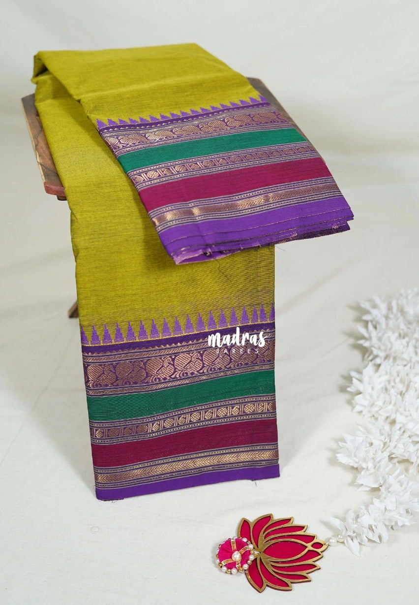 Yellowish Green - Karthigai Mercerised Cotton Plain Saree Annam with Multi Color Border - Best for Temple Visit | Pooja Functions