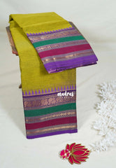 Yellowish Green - Karthigai Mercerised Cotton Plain Saree Annam with Multi Color Border - Best for Temple Visit | Pooja Functions