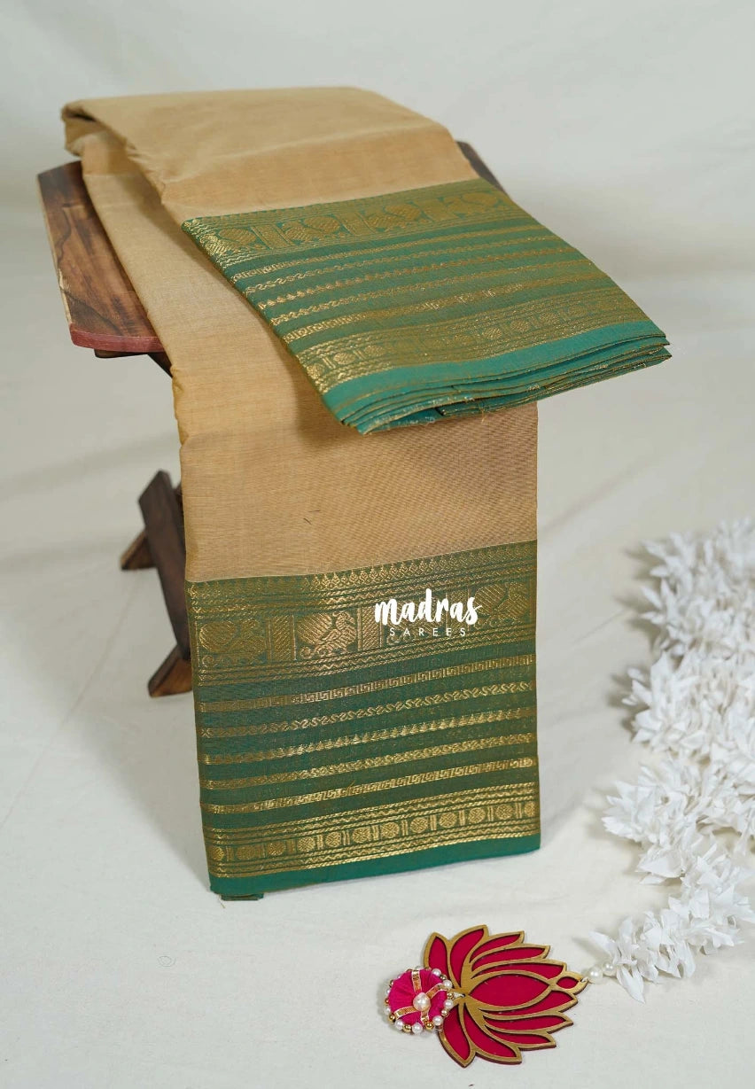 Beige Sandal - Karthigai Mercerised Cotton Plain Saree Annam, RUdraksham & Multi Line Border - Best for Temple Visit | Pooja Functions