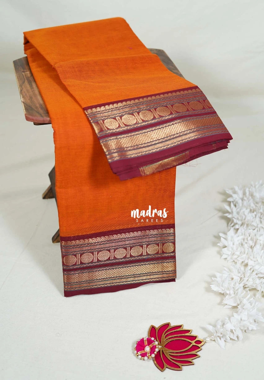 Mustard Orange - Karthigai Mercerised Cotton Plain with Rudraksham Border - Best for Temple Visit | Pooja Functions