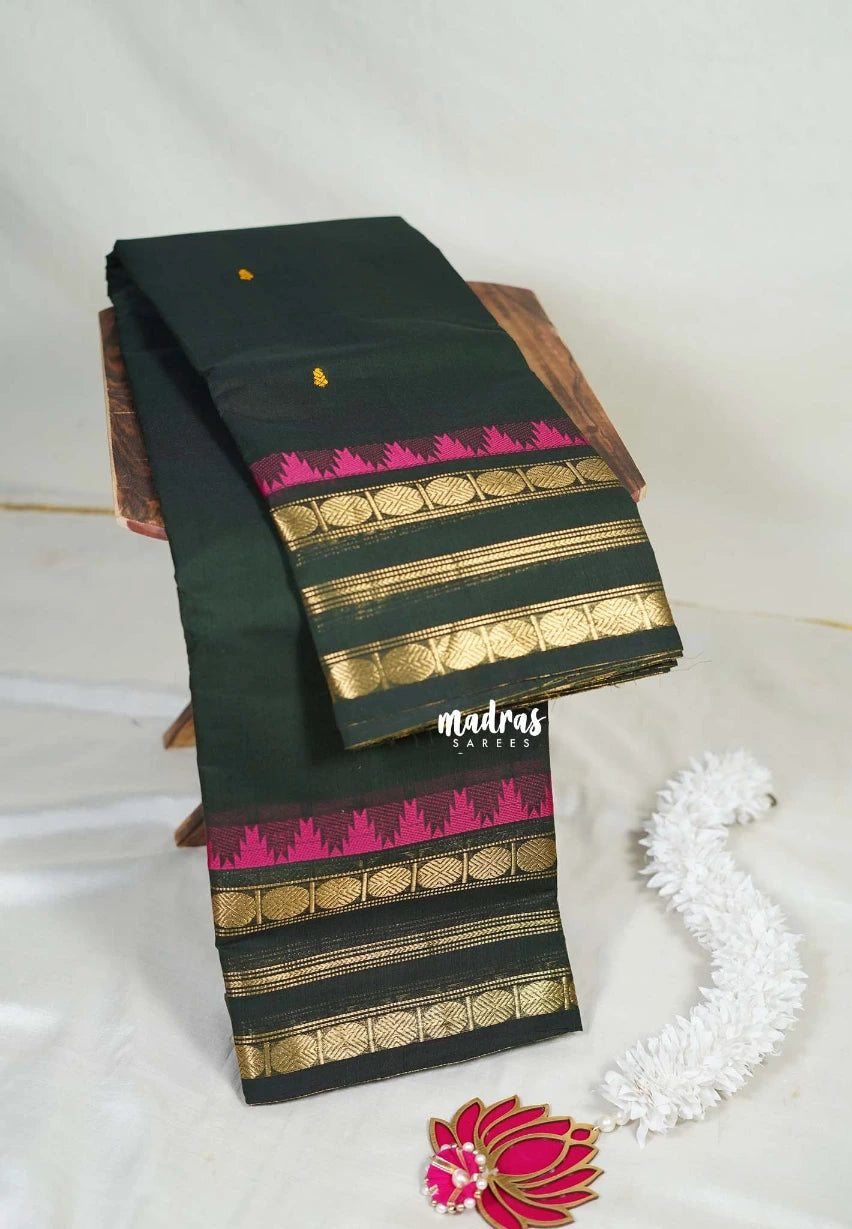 Midnight Green - Karthigai Mercerised Cotton Rudraksham and Temple Border with Buttas - Best for Temple Visit | Pooja Funtions