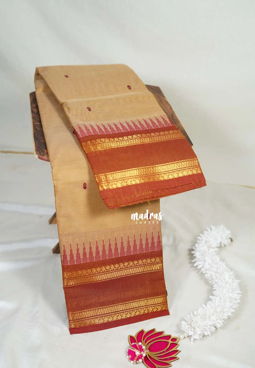 Sandal - Karthigai Mercerised Cotton Saree Rettapet Border with Buttas - Best for Temple Visit | Pooja Funtions