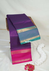 Dark Purple - Karthigai Mercerised Cotton Saree Zari Stripes with Ganaga Jamuna Border - Best for Temple Visit | Pooja Funtions