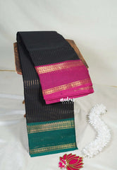 Classic Black - Karthigai Mercerised Cotton Saree Zari Stripes with Ganaga Jamuna Border - Best for Temple Visit | Pooja Funtions