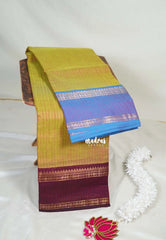 Dual Shade Mustard Green - Karthigai Mercerised Cotton Saree Zari Stripes with Ganaga Jamuna Border - Best for Temple Visit | Pooja Funtions