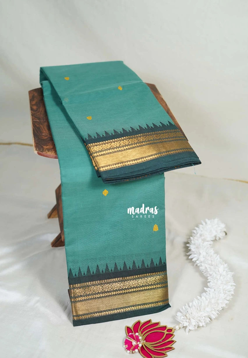 Muted Teal - Karthigai Mercerised Cotton Small Bavanji and Flower Border - Best for Temple Visit | Pooja Funtions