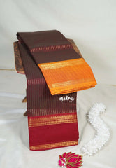 Deep Maroon - Karthigai Mercerised Cotton Saree Zari Stripes with Ganaga Jamuna Border - Best for Temple Visit | Pooja Funtions