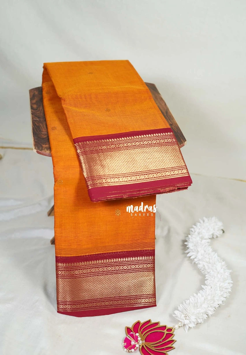 Orange - Karthigai Mercerised Cotton Saree Getti Border with Buttas - Best for Temple Visit | Pooja Funtions