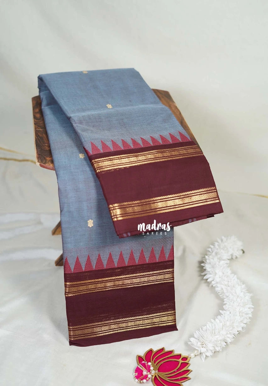 Bluish Grey - Karthigai Mercerised Cotton Rettapet Border with Buttas - Best for Temple Visit | Pooja Funtions