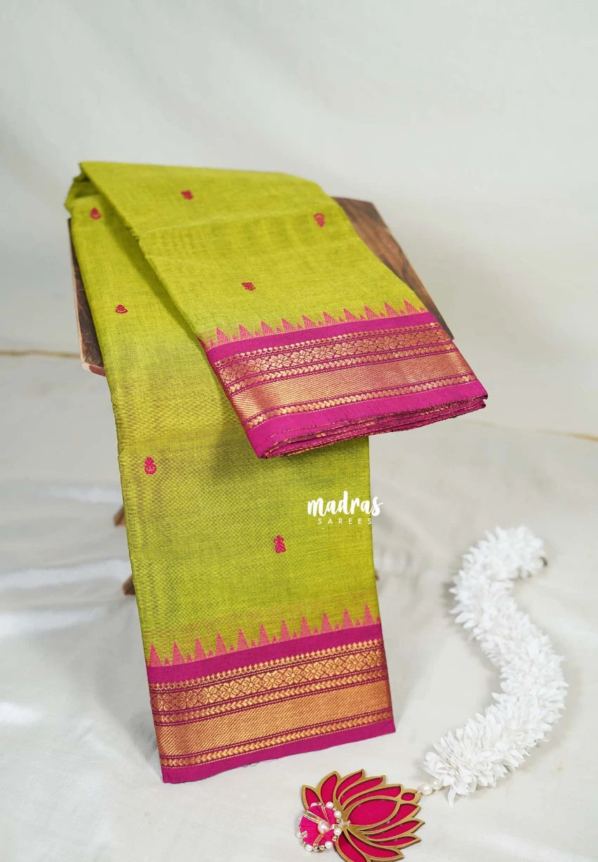 Dual Shade Green - Karthigai Mercerised Cotton Small Bavanji and Flower Border - Best for Temple Visit | Pooja Funtions