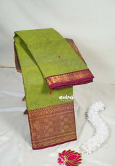 Fresh Green - Karthigai Mercerised Cotton Multi Checks Border with Buttas - Best for Temple Visit | Pooja Funtions