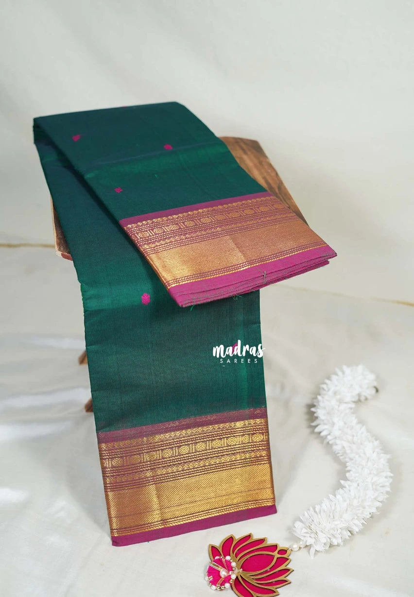 Peacock Jade Green - Karthigai Mercerised Cotton Bavanji and Rudraksham Border - Best for Temple Visit | Pooja Funtions