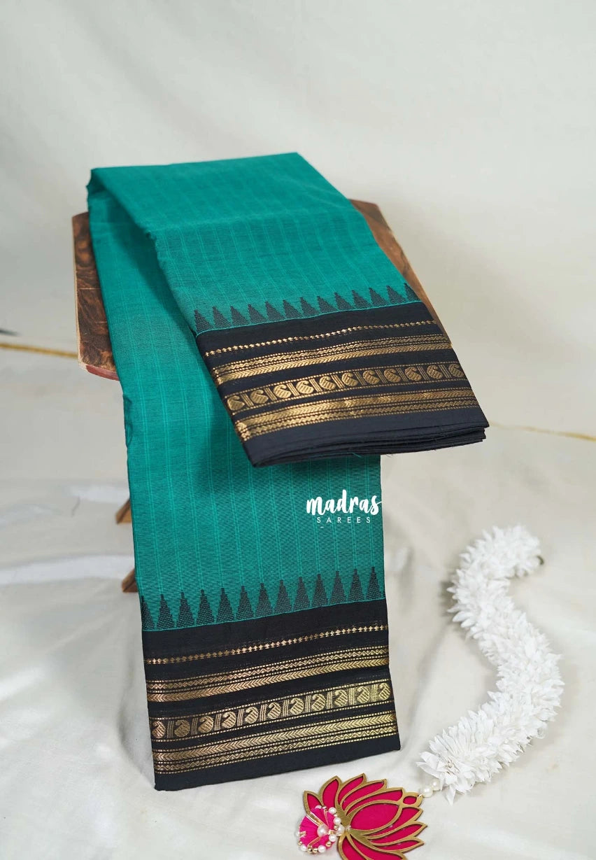 Teal with Black - Karthigai Mercerised Cotton Stripes with Small Mango Border - Best for Temple Visit | Pooja Funtions