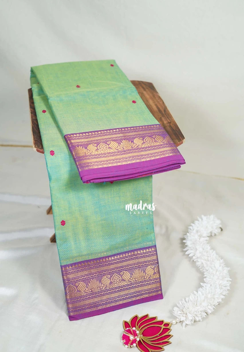 Dual Shade Green - Karthigai Mercerised Cotton Mango and Temple Border - Best for Temple Visit | Pooja Funtions