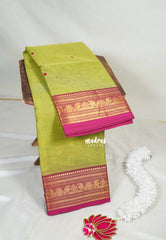 Yellowish Green - Karthigai Mercerised Cotton Mango and Temple Border - Best for Temple Visit | Pooja Funtions