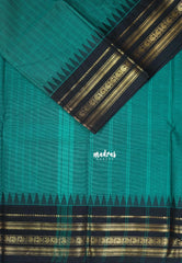 Teal with Black - Karthigai Mercerised Cotton Stripes with Small Mango Border - Best for Temple Visit | Pooja Funtions