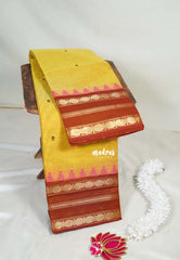 Mustard Yellow - Karthigai Mercerised Cotton Rudraksham and Temple Border with Buttas - Best for Temple Visit | Pooja Funtions