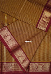 Dark Mustard - Karthigai Mercerised Cotton Zari Stripes with Gandaberunda Border - Best for Temple Visit | Pooja Functions