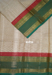 Biscuit Beige - Karthigai Mercerised Cotton Stripes with Rettapet Rudraksham Border - Best for Temple Visit | Pooja Functions