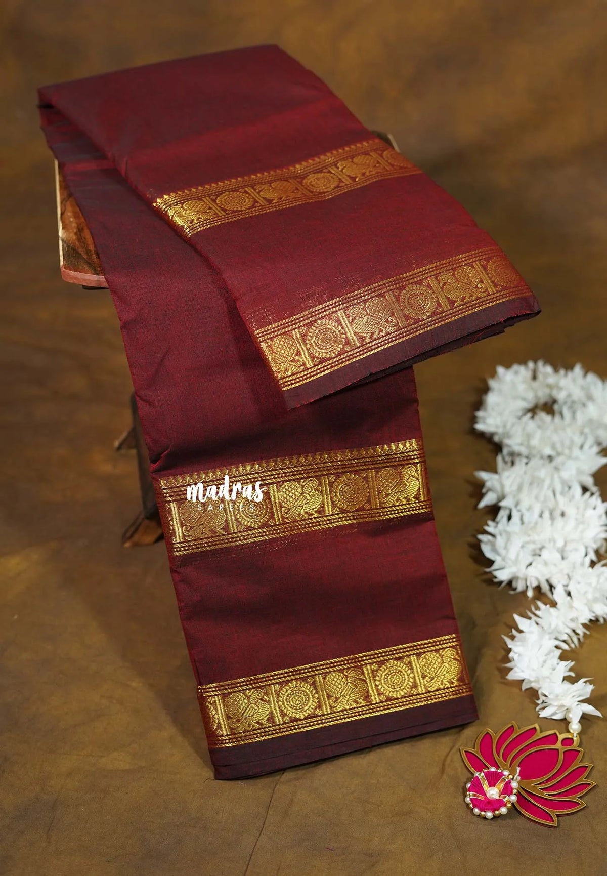 Deep Maroon - Karthigai silk cotton plain saree with Rettapetta Border - Best for Wedding Functions