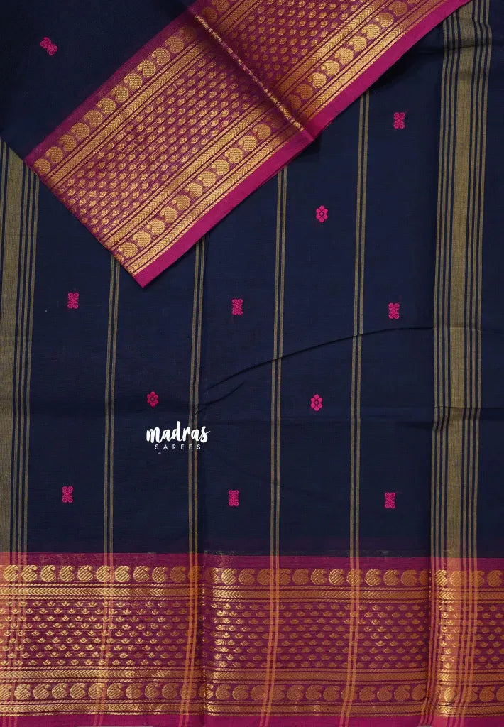 Navy Blue - Karthigai silk cotton Saree Multi Mango border with buttas