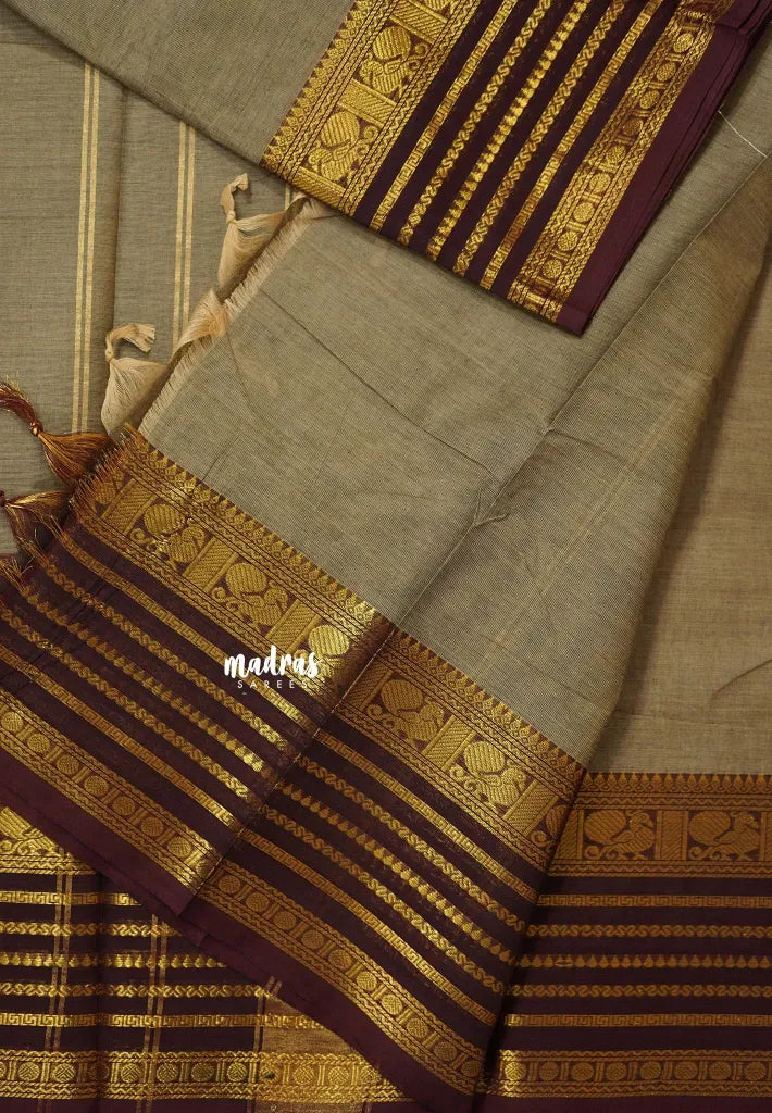 Pastel Brown - Karthigai silk cotton plain body multi line border