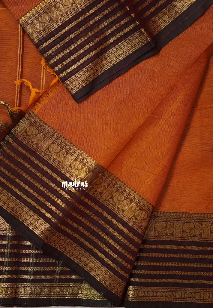Turmeric Orange - Karthigai silk cotton plain body multi line border