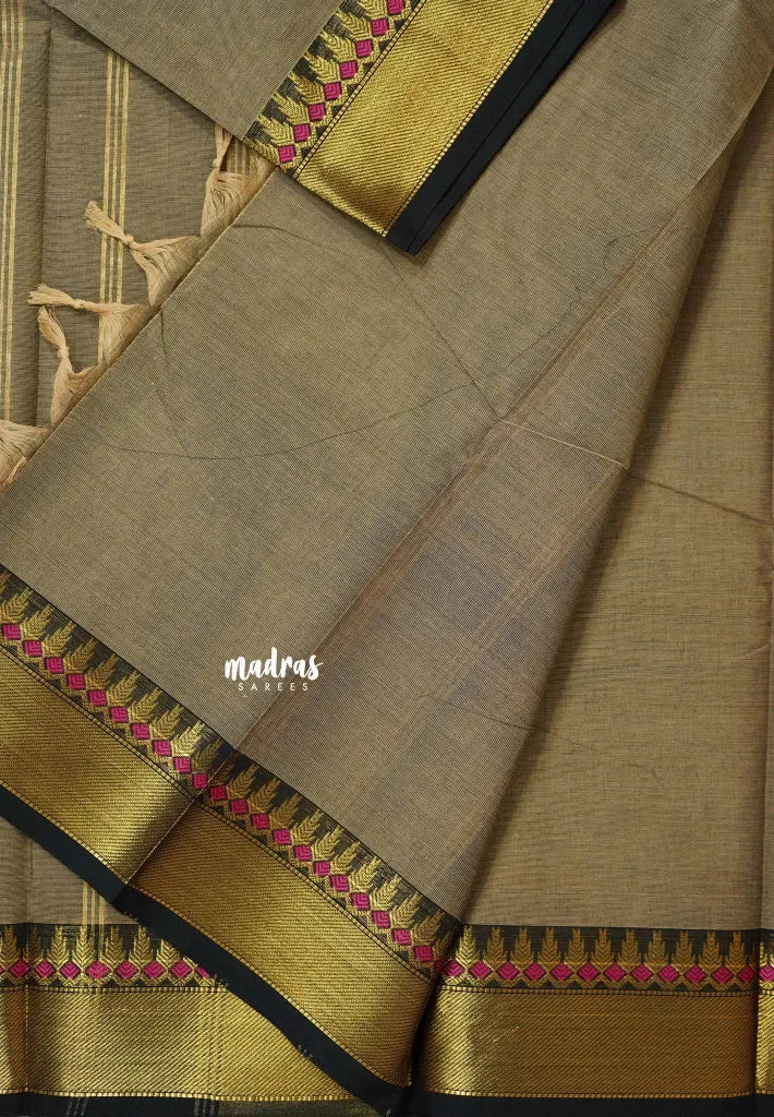 Mild Mystic Taupe - Karthigai silk cotton plain body with getti border
