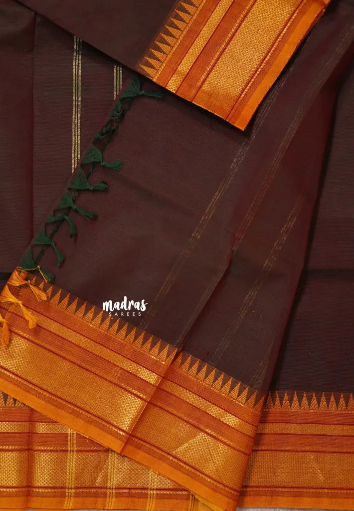 Dual Shade Coffee Brown - Karthigai silk cotton plain body Bavanji border with temple