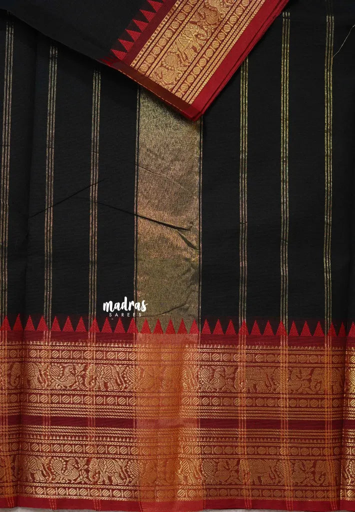 Black - Karthigai silk cotton plain body annam yanai double border
