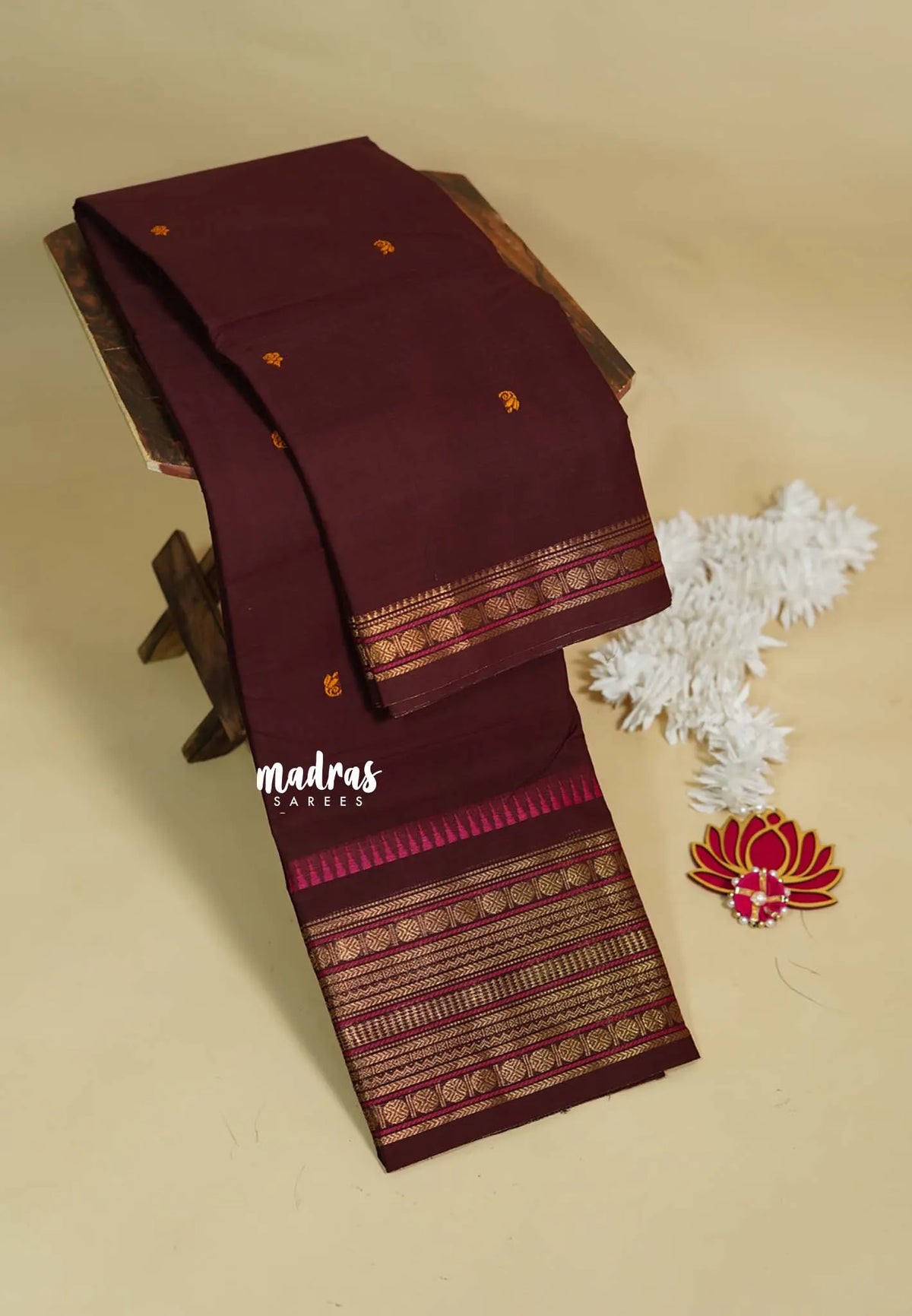 Coffee Brown - Karthigai silk cotton  Multi Border Rudraksham with buttas