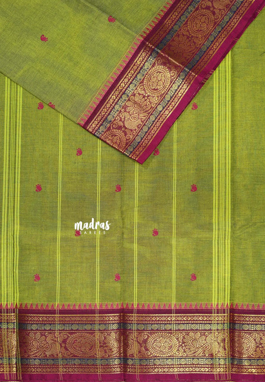 Dual shade Parrot Green - Karthigai silk cotton temple sculpture border with Buttas