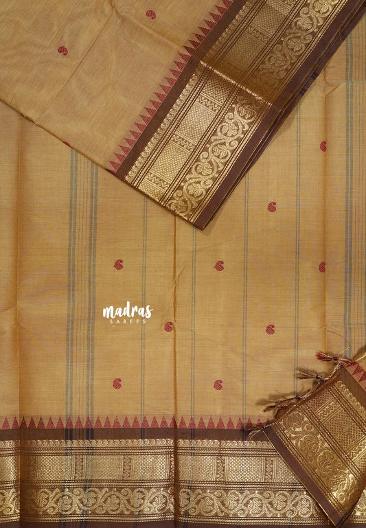 Deep Sandal  - Karthigai silk cotton Bavanji box border with buttas