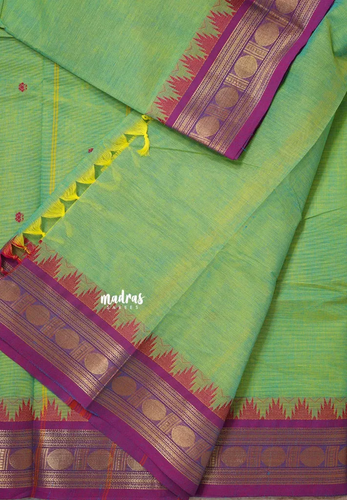 Dual Shade Green - Karthigai silk cotton rudraksha with temple weaving border